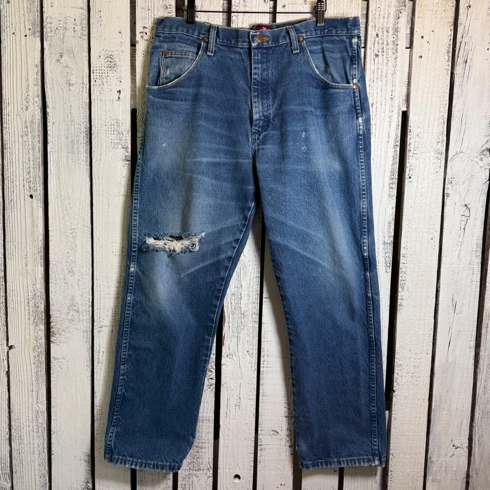 VTG Wrangler Relaxed Fit‎ Distressed Blue Denim Jeans Men's 36 x 30 Coboy Rodeo - Picture 2 of 11